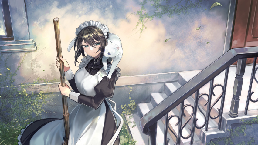 1girl animal_on_shoulder apron black_dress black_hair broom cat cat_on_shoulder closed_mouth dress green_eyes heinel_(komota_(kanyou_shoujo)) highres holding holding_broom juliet_sleeves komota_(kanyou_shoujo) long_sleeves maid maid_headdress original puffy_sleeves railing smile solo stairs standing white_apron white_cat