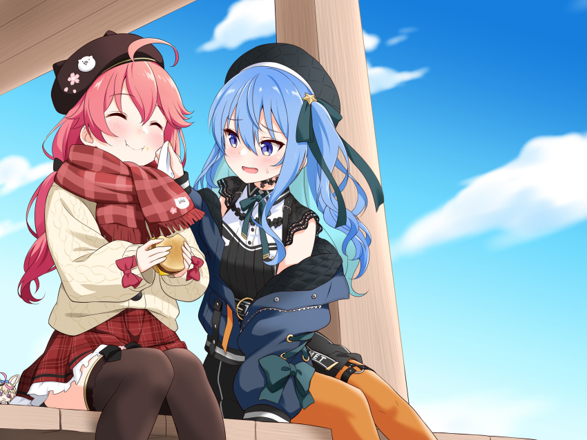 35p_(sakura_miko) 3girls ahoge animal_ears black_headwear black_legwear blonde_hair blue_bow blue_eyes blue_hair blue_ribbon blush bow burger checkered_clothes checkered_scarf closed_eyes clouds cloudy_sky colored_inner_hair commentary eating english_commentary felutiahime food fox_ears hair_bow hair_ribbon hat highres holding holding_food hololive hoshimachi_suisei jacket jacket_partially_removed long_hair long_sleeves looking_at_another multicolored_hair multiple_girls omaru_polka open_mouth orange_legwear pantyhose pink_hair red_bow red_scarf ribbon sakura_miko scarf sitting sky smile thigh-highs virtual_youtuber when_you_see_it wiping_face wooden_floor