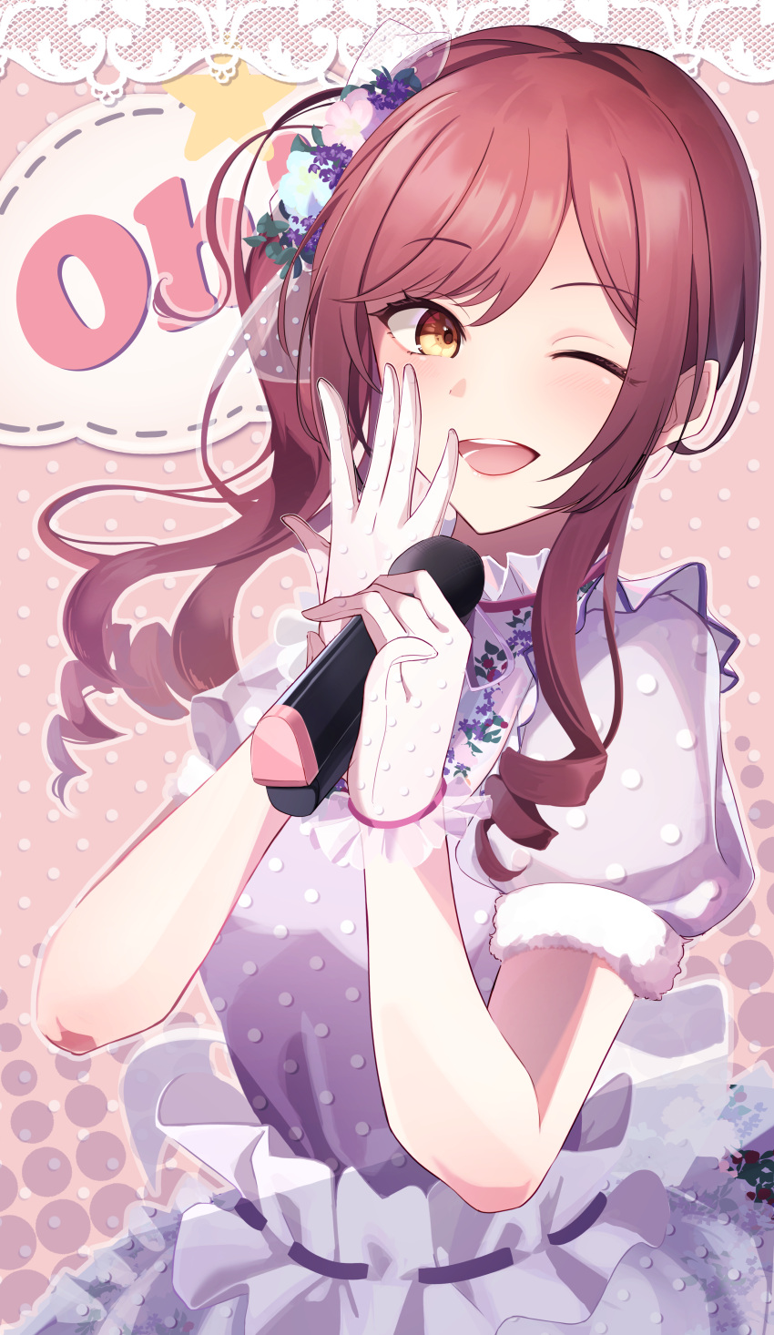 1girl absurdres bangs blush breasts brown_hair commentary_request dress drill_hair english_text eyebrows_visible_through_hair frilled_dress frilled_gloves frills gloves hair_between_eyes hand_over_face highres holding holding_microphone idolmaster idolmaster_shiny_colors long_hair looking_at_viewer medium_breasts microphone odecono3 one_eye_closed open_mouth osaki_amana patterned_clothing polka_dot side_ponytail solo yellow_eyes