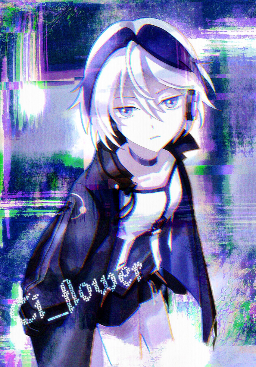 1girl cevio character_name chromatic_aberration ci_flower cowboy_shot flower_(vocaloid) glitch headphones highres jacket layered_shirt leaning_forward light_frown looking_at_viewer multicolored_hair purple_hair purple_jacket sheila_aaaa short_hair short_shorts shorts solo streaked_hair violet_eyes vocaloid white_hair