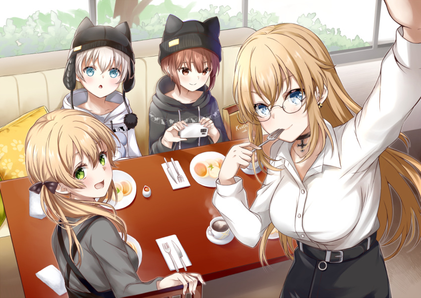 4girls alternate_costume animal_ear_headwear bespectacled bismarck_(kancolle) black_choker black_headwear black_hoodie black_skirt blonde_hair blue_eyes breasts brown_eyes brown_hair camera cellphone choker coffee_mug collared_shirt cross cup food fork glasses green_eyes grey_shirt holding holding_camera holding_fork holding_phone hood hoodie indoors iron_cross kantai_collection knife knit_hat large_breasts long_hair long_sleeves looking_at_viewer low_twintails mashiro_aa medium_breasts mug multiple_girls phone plate prinz_eugen_(kancolle) selfie shirt short_hair silver_hair skirt smartphone smile table taking_picture twintails white_hair white_hoodie white_shirt z1_leberecht_maass_(kancolle) z3_max_schultz_(kancolle)