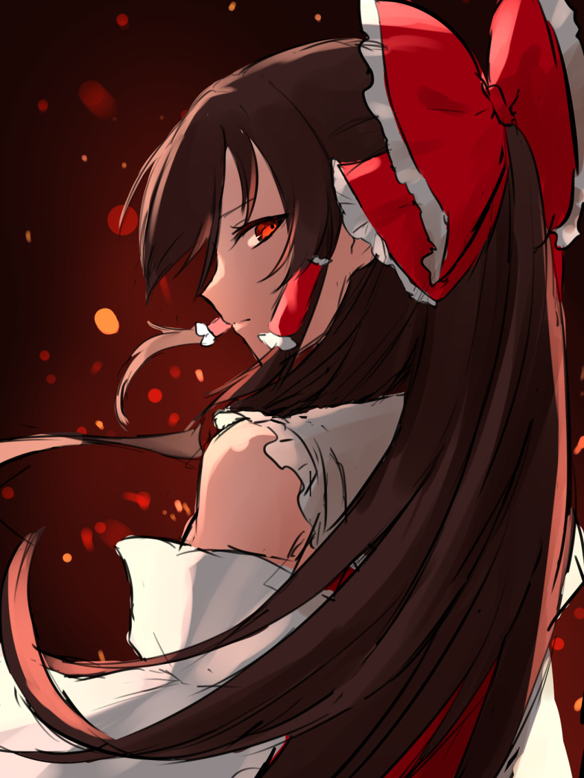 1girl bangs bare_shoulders bow brown_hair closed_mouth collared_vest commentary_request detached_sleeves frilled_bow frills hair_bow hakurei_reimu highres long_hair long_sleeves looking_at_viewer looking_back nano_popo02 one-hour_drawing_challenge red_bow red_eyes red_vest solo touhou upper_body very_long_hair vest white_sleeves wide_sleeves