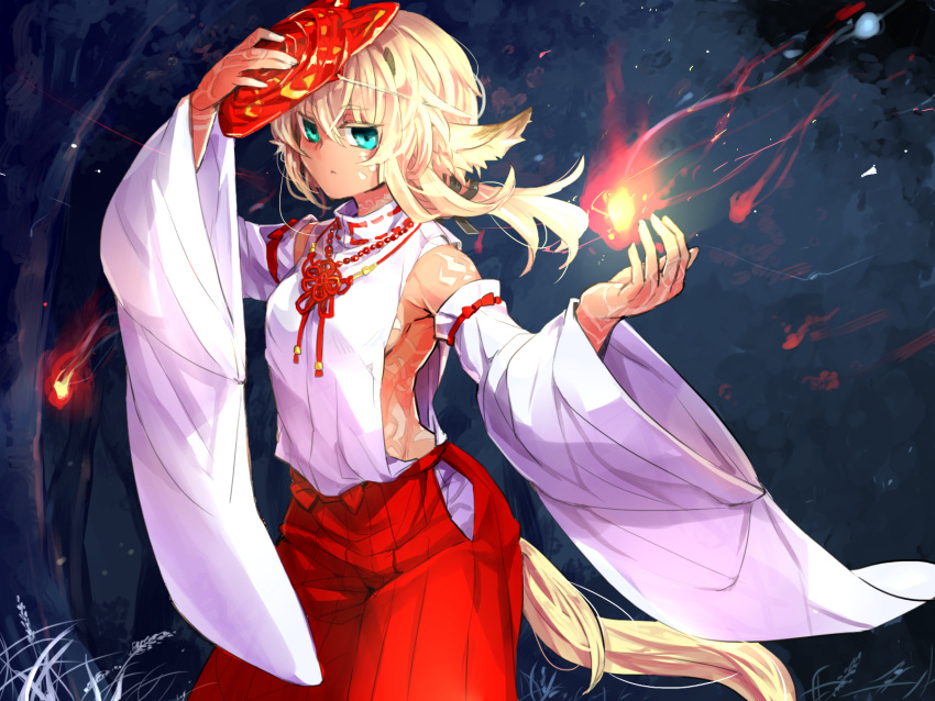 1girl animal_ears blonde_hair blue_eyes breasts closed_mouth detached_sleeves fire forest hakama hakama_pants hand_up highres holding holding_mask japanese_clothes komota_(kanyou_shoujo) long_hair long_sleeves looking_at_viewer mask mask_on_head nature original outdoors pants red_pants small_breasts solo tail wide_sleeves