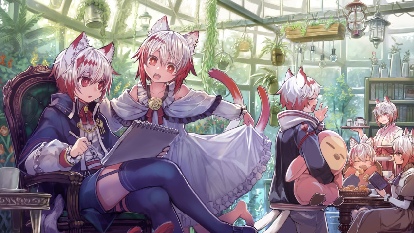 2boys 4girls :d animal_ears armchair blue_capelet blue_legwear blue_shorts blush capelet cat_ears cat_tail chair child closed_eyes coffee_pot crossed_legs cup dress eating flower garter_straps gradient_hair greenhouse hakama hakama_skirt head_tilt highres holding holding_pen holding_pillow indoors japanese_clothes komota_(kanyou_shoujo) lantern medium_hair multicolored_hair multiple_boys multiple_girls neck_flower neck_ribbon notebook open_mouth original pen pillow plant potted_plant red_eyes red_hakama red_ribbon redhead ribbon rose shorts sitting skirt skirt_hold smile stool stuffed_animal stuffed_penguin stuffed_toy tail teacup tears thigh-highs two-tone_hair white_dress white_hair wide-eyed yawning yellow_flower yellow_rose