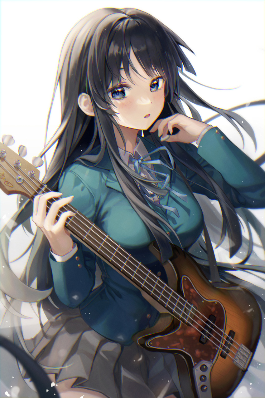 1girl absurdres aimbek akiyama_mio bass_guitar black_hair blue_eyes blue_jacket blue_ribbon breasts floating_hair grey_skirt highres holding holding_instrument instrument jacket k-on! large_breasts looking_at_viewer neck_ribbon open_mouth pleated_skirt ribbon sakuragaoka_high_school_uniform school_uniform skirt solo