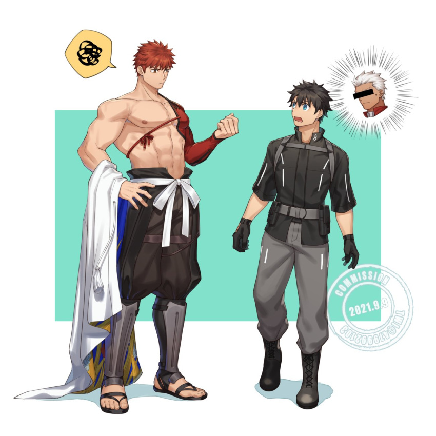 00047 3boys abs archer_(fate) bangs black_gloves black_hair black_jacket blue_eyes commentary dark-skinned_male dark_skin emiya_shirou fate/grand_order fate_(series) fujimaru_ritsuka_(male) fujimaru_ritsuka_(male)_(polar_chaldea_uniform) gloves hair_between_eyes highres igote jacket japanese_clothes long_sleeves male_focus multiple_boys open_mouth redhead senji_muramasa_(fate) short_hair white_hair yellow_eyes