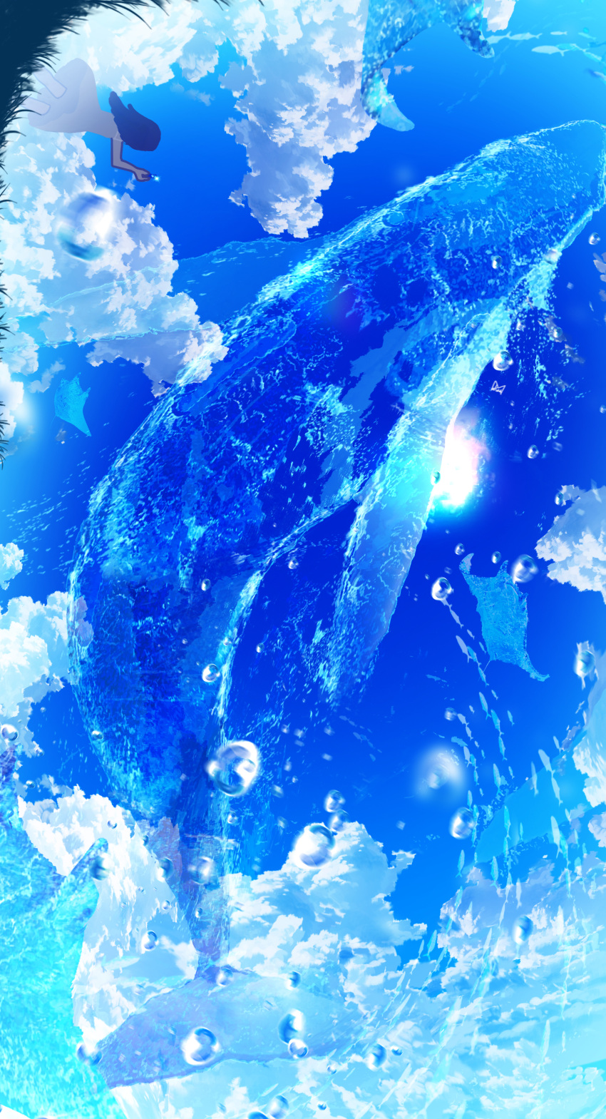 1girl absurdres arm_up clouds commentary facing_away from_behind from_side highres makoron117117 manta_ray original outdoors scenery school_of_fish sky solo summer upside-down water whale