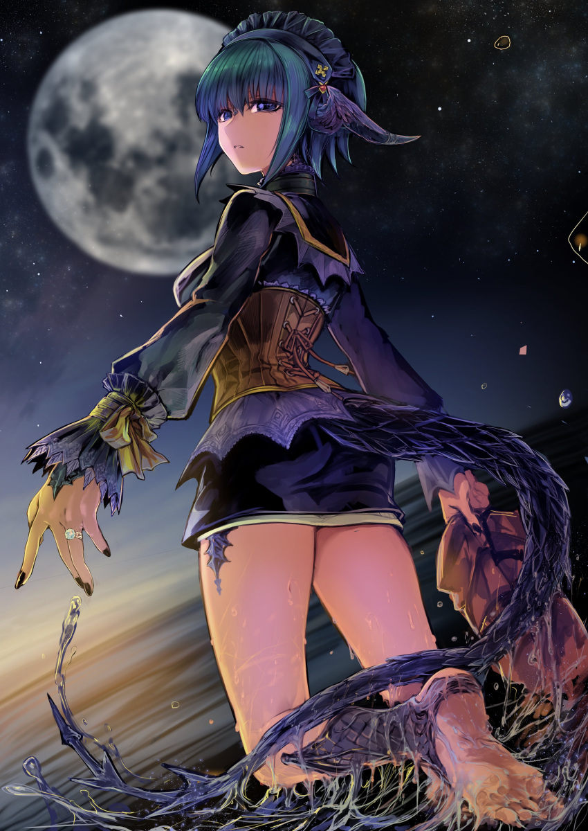 1girl absurdres au_ra barefoot black_nails commission corset dutch_angle final_fantasy final_fantasy_xiv fingernails from_behind full_moon highres jewelry komota_(kanyou_shoujo) long_sleeves looking_at_viewer looking_back moon nail_polish night night_sky ocean parted_lips purple_shirt ring shirt skeb_commission sky solo tail walking