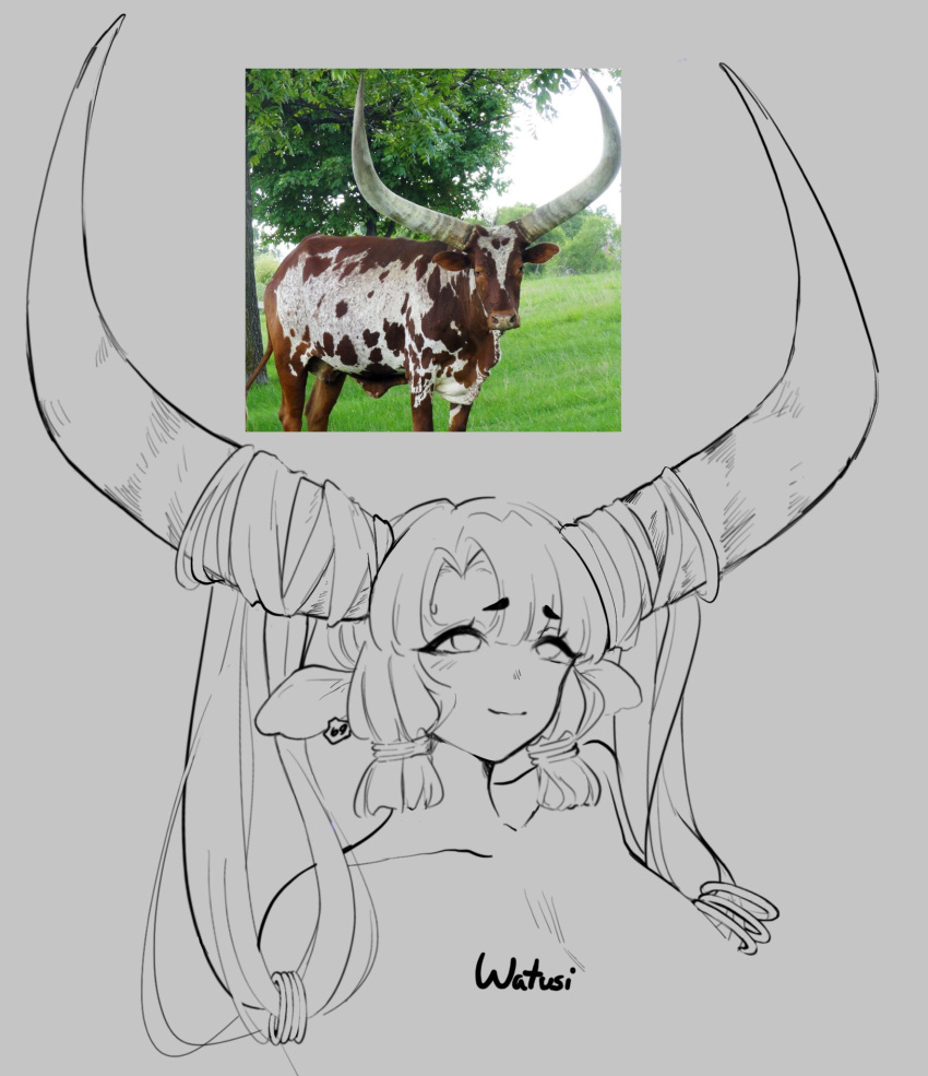 1girl animal_ears bangs cow_ears cow_horns ear_tag english_commentary eyebrows_visible_through_hair grey_background highres horns long_hair original personification photo-referenced photo_inset reference_inset simple_background sketch smile solo ushijidraws