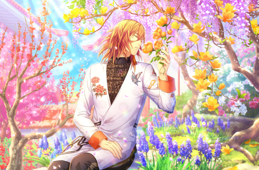 1boy animal_print black_pants building butterfly_print cherry_blossoms chinese_clothes closed_eyes day embroidery falling_petals feet_out_of_frame floral_print flower flower_request game_cg garden hair_between_eyes hand_on_own_thigh highres holding holding_flower hyacinth jacket jinguuji_ren lens_flare leopard_print light_particles medium_hair official_art orange_flower orange_hair pants parted_lips peach_blossom petals pink_flower purple_flower red_flower sitting smelling_flower sunlight tangzhuang third-party_source tree uta_no_prince-sama uta_no_prince-sama:_shining_live white_flower white_jacket wisteria yellow_flower
