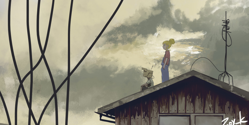 1boy 1girl absurdres agathe_&amp;_fregate blonde_hair brown_shorts building clouds cloudy_sky commentary grey_shirt hair_bun highres nicporim object_head on_roof outdoors overalls profile radio_antenna red_shirt shirt short_sleeves shorts signature sitting sky
