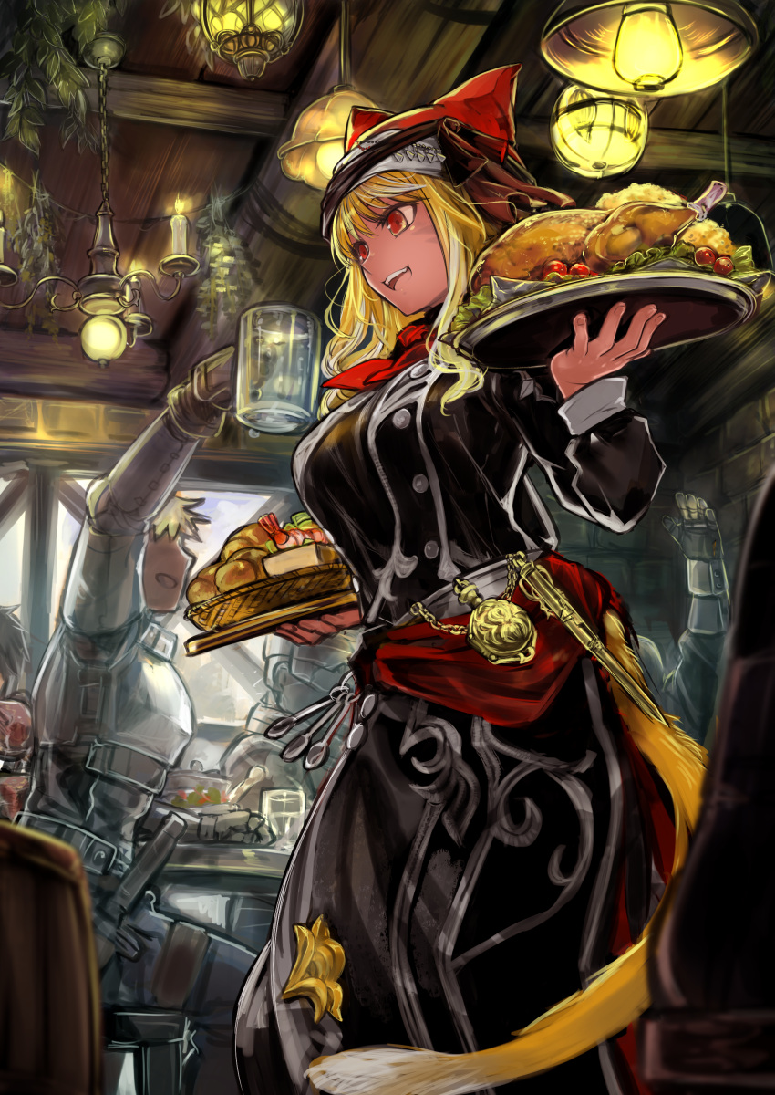 1girl :d absurdres animal_ears armor avatar_(ff14) black_dress blonde_hair breastplate cat_ears cat_tail chicken_(food) commission dress facial_mark final_fantasy final_fantasy_xiv food hat highres holding holding_tray komota_(kanyou_shoujo) long_hair long_sleeves miqo'te open_mouth red_eyes skeb_commission smile solo_focus tail tankard tray whisker_markings