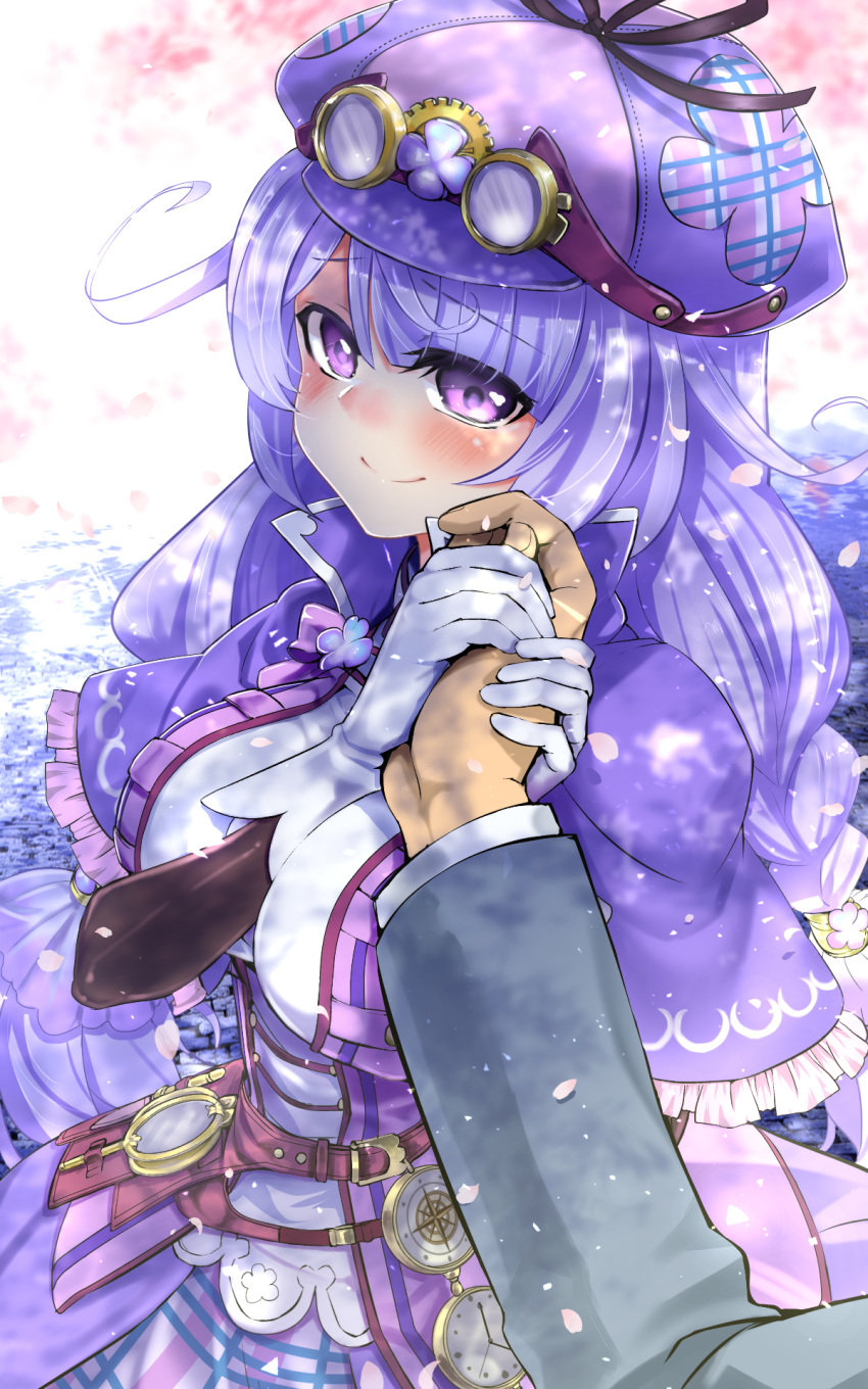 1boy 1girl belt black_ribbon breasts capelet closed_mouth flower_knight_girl goggles goggles_on_headwear hat hat_ribbon hetero highres komota_(kanyou_shoujo) large_breasts long_hair looking_at_viewer pov pov_hands purple_capelet purple_hair purple_headwear ribbon smile streptocarpus_(flower_knight_girl) violet_eyes