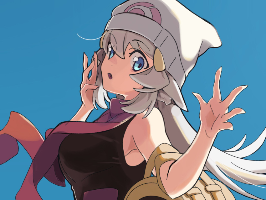 1girl animal_ear_fluff animal_ears beanie black_shirt blue_background breasts cosplay dawn_(pokemon)_(cosplay) franziska_van_wulfen from_side grey_hair hat highres hikari_(pokemon) indie_virtual_youtuber long_hair looking_at_viewer medium_breasts open_hands open_mouth pokemon pokemon_(game) pokemon_dppt red_scarf scarf sheep_ears shirt sleeveless sleeveless_shirt solo van_wulfen virtual_youtuber white_headwear