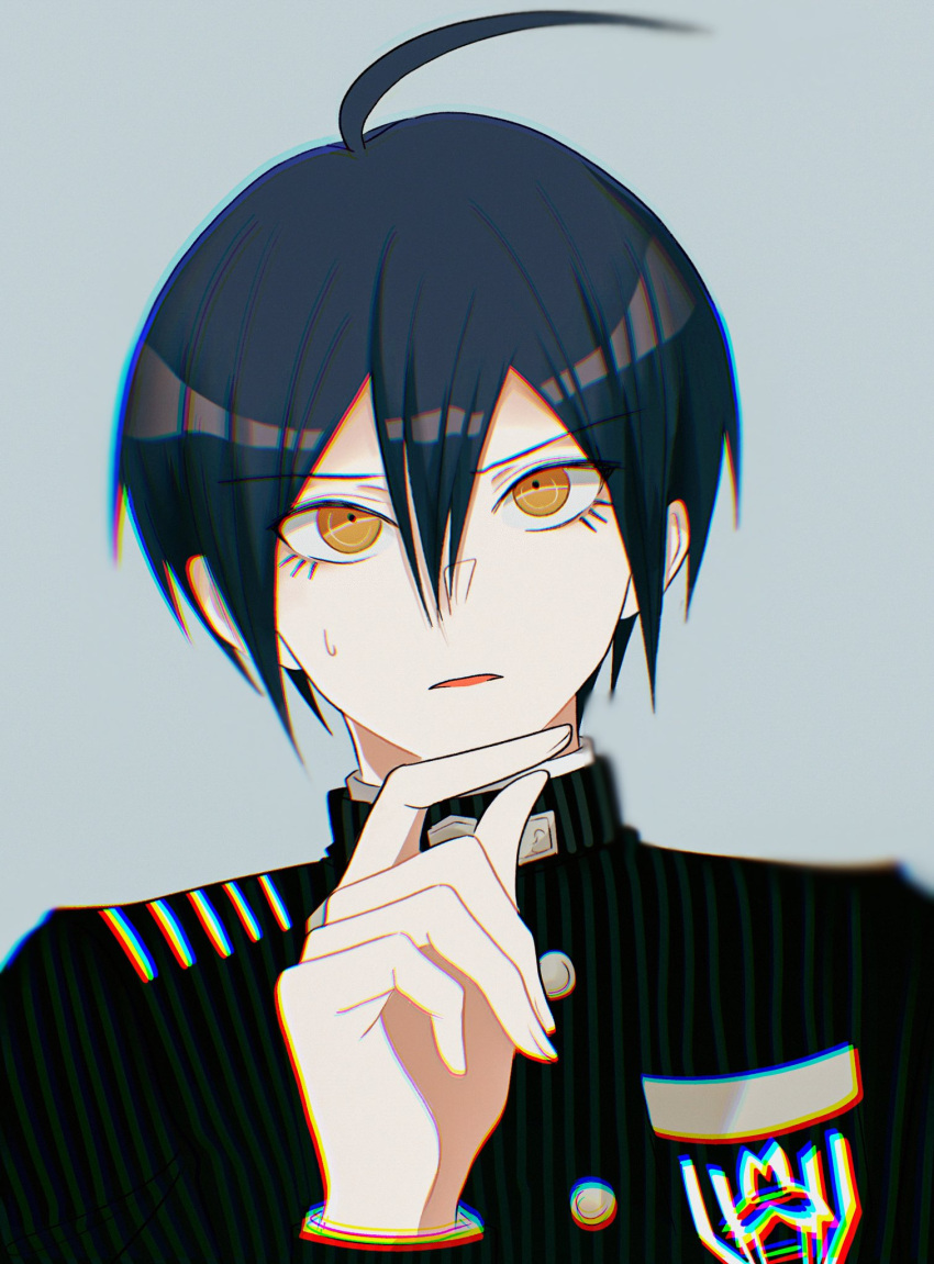 1boy ahoge bangs black_hair black_jacket breast_pocket buttons commentary_request danganronpa_(series) danganronpa_v3:_killing_harmony grey_background hand_up heechinnnom_(bag-yunli) highres jacket long_sleeves male_focus open_mouth orange_eyes pocket portrait saihara_shuuichi shiny shiny_hair short_hair simple_background striped striped_jacket sweatdrop