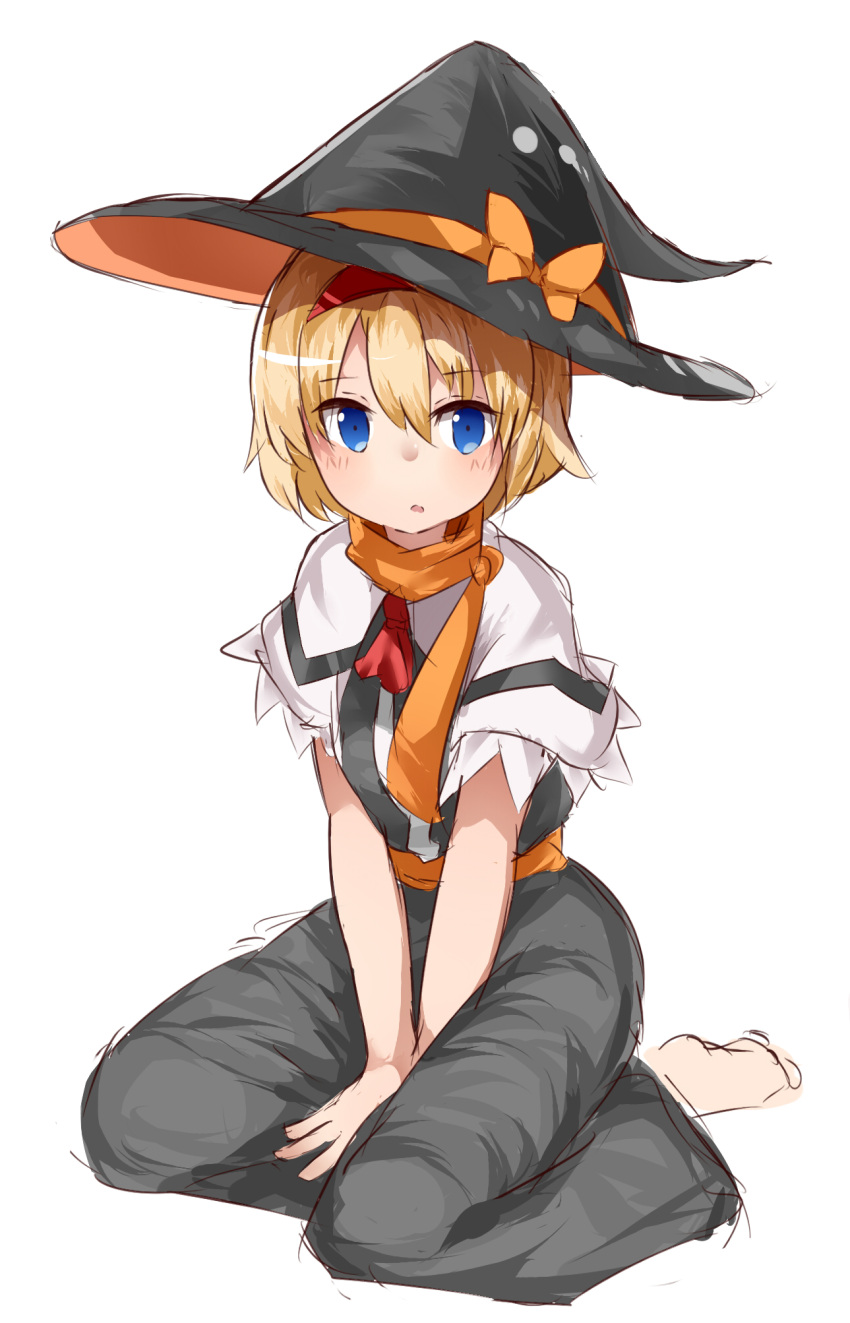1girl alice_margatroid ascot bangs barefoot black_dress black_headwear blonde_hair blue_eyes blush bow capelet commentary_request cookie_(touhou) dress expressionless eyebrows_visible_through_hair full_body hair_between_eyes hairband hat hat_bow highres looking_at_viewer open_mouth orange_bow orange_sash orange_scarf red_ascot red_hairband scarf short_hair simple_background sitting soga_alice solo touhou wariza white_background white_capelet witch_hat yumekamaborosh