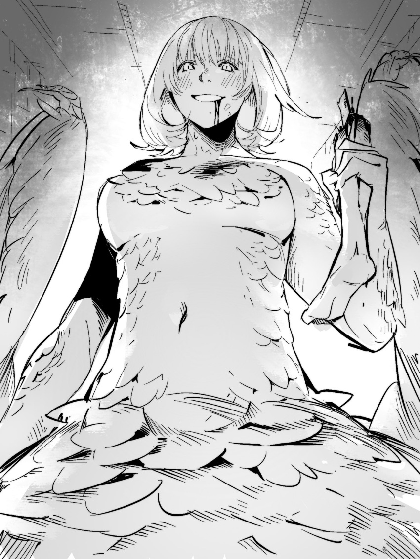 1girl :d bangs blood blood_from_mouth blood_on_chest blush bob_cut breasts chchi_game chimera dripping dungeon_meshi falin_thorden feathers from_below greyscale hand_up highres holding looking_at_viewer looking_down monochrome monster_girl navel nude scene_reference severed_limb sketch smile spoilers under_boob wings