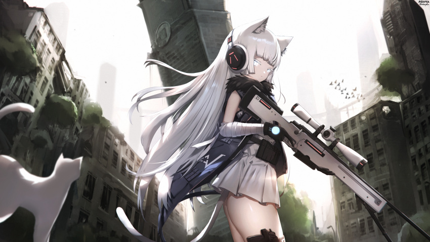 1girl absurdres ai_arctic_warfare animal animal_ear_fluff animal_ears awp_(girls'_frontline)_(nekoya_(liu)) bandaged_arm bandages bird black_gloves blue_eyes bolt_action building cat cat_ears cat_girl cat_tail closed_mouth colored_eyelashes commentary commission dress english_commentary girls_frontline gloves gun headphones highres holding holding_gun holding_weapon long_hair looking_at_viewer nekoya_(liu) original overgrown pleated_dress revision rifle ruins skyscraper sleeveless sleeveless_dress sniper_rifle sniper_scope solo standing tail trigger_discipline very_long_hair weapon white_cat white_dress white_hair