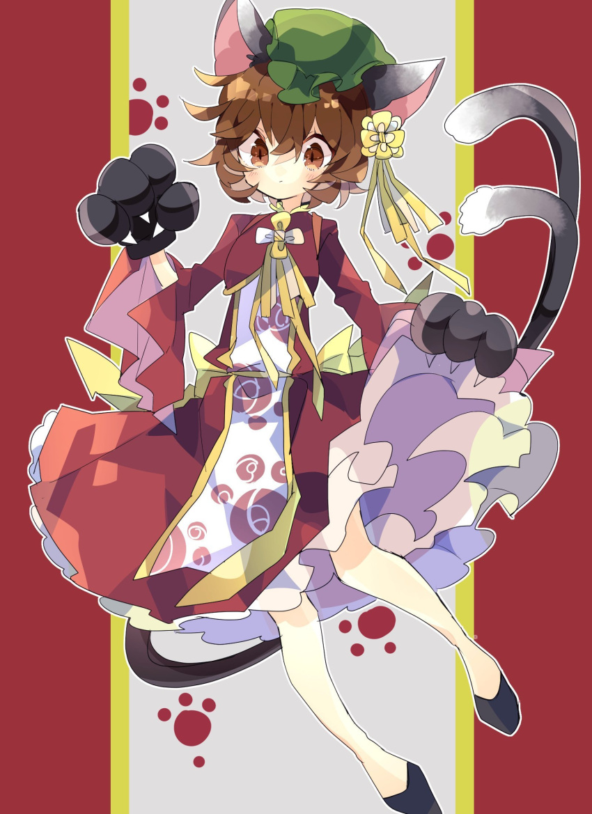 1girl :/ animal_ears animal_hands black_footwear brown_hair cat_ears cat_paws chen commentary dress green_headwear hat highres long_sleeves looking_at_viewer mob_cap multiple_tails nekomata nikorashi-ka paw_print paw_print_background petticoat red_dress ribbon shoes short_hair solo tabard tail touhou two_tails wide_sleeves yellow_ribbon