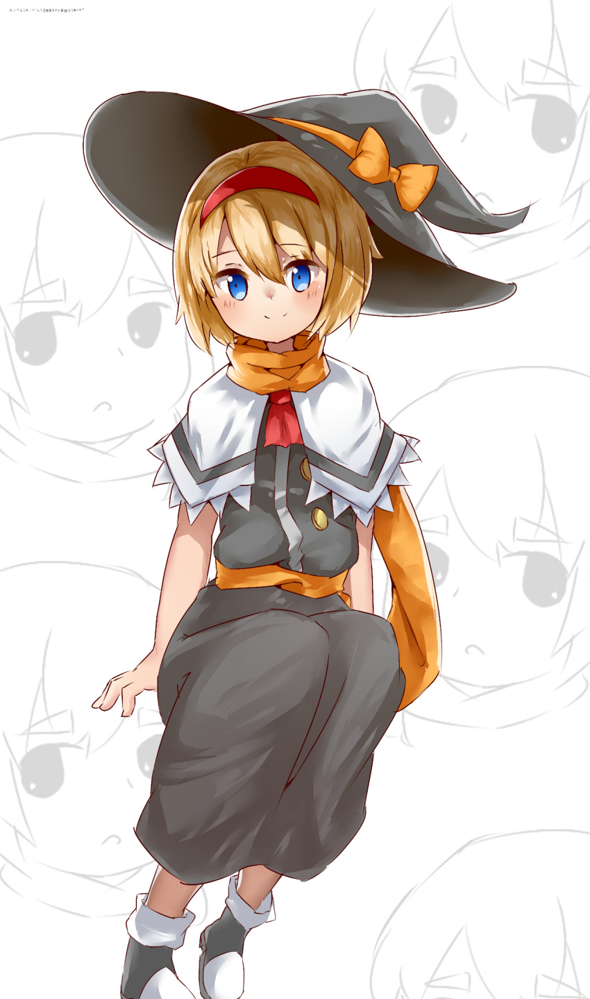 1girl alice_margatroid ascot bangs black_dress black_footwear black_headwear blonde_hair blue_eyes blush bow capelet closed_mouth commentary_request cookie_(touhou) dress eyebrows_visible_through_hair full_body hair_between_eyes hairband hat hat_bow highres looking_at_viewer orange_bow orange_sash orange_scarf red_ascot red_hairband scarf shoes short_hair smile socks soga_alice solo touhou translation_request white_background white_capelet white_footwear white_legwear witch_hat yumekamaborosh