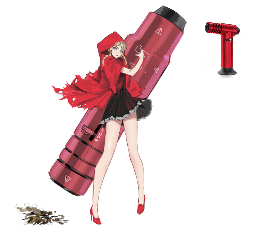 1girl absurdres adapted_weapon black_dress blonde_hair blowtorch blue_eyes braid cape dress full_body high_heels highres hood hood_up hooded_cape hoodie huge_weapon little_red_riding_hood little_red_riding_hood_(grimm) long_legs medium_hair nauj_k personification red_cape red_footwear red_hoodie reference_inset short_dress solo stiletto_heels twin_braids weapon weapon_on_back