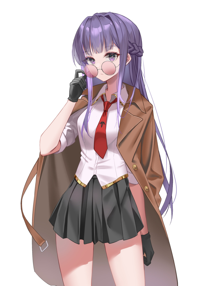 1girl absurdres alternate_costume arm_at_side artist_name bangs bespectacled black_gloves black_skirt braid brown_coat coat collared_shirt commentary_request danganronpa:_trigger_happy_havoc danganronpa_(series) eyebrows_visible_through_hair glasses gloves hand_up highres holding holding_eyewear kirigiri_kyouko long_hair necktie open_clothes open_coat pleated_skirt purple_hair red_necktie round_eyewear shiny shiny_hair shirt short_sleeves simple_background skirt smilent solo trench_coat white_background white_shirt