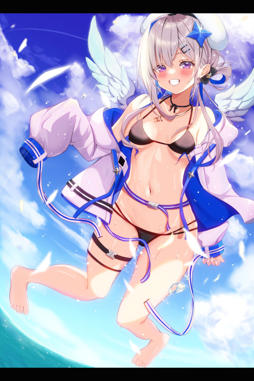 1girl amane_kanata angel bangs bikini blue_hair blush breasts colored_inner_hair cotolet33 feathered_wings grey_jacket grin hair_ornament hairclip halo hat highres hololive jacket legs looking_at_viewer medium_breasts multicolored_hair neck_ribbon ribbon silver_hair single_hair_intake sleeves_past_wrists smile star_halo swimsuit teeth thigh_strap violet_eyes virtual_youtuber white_wings wide_sleeves wings