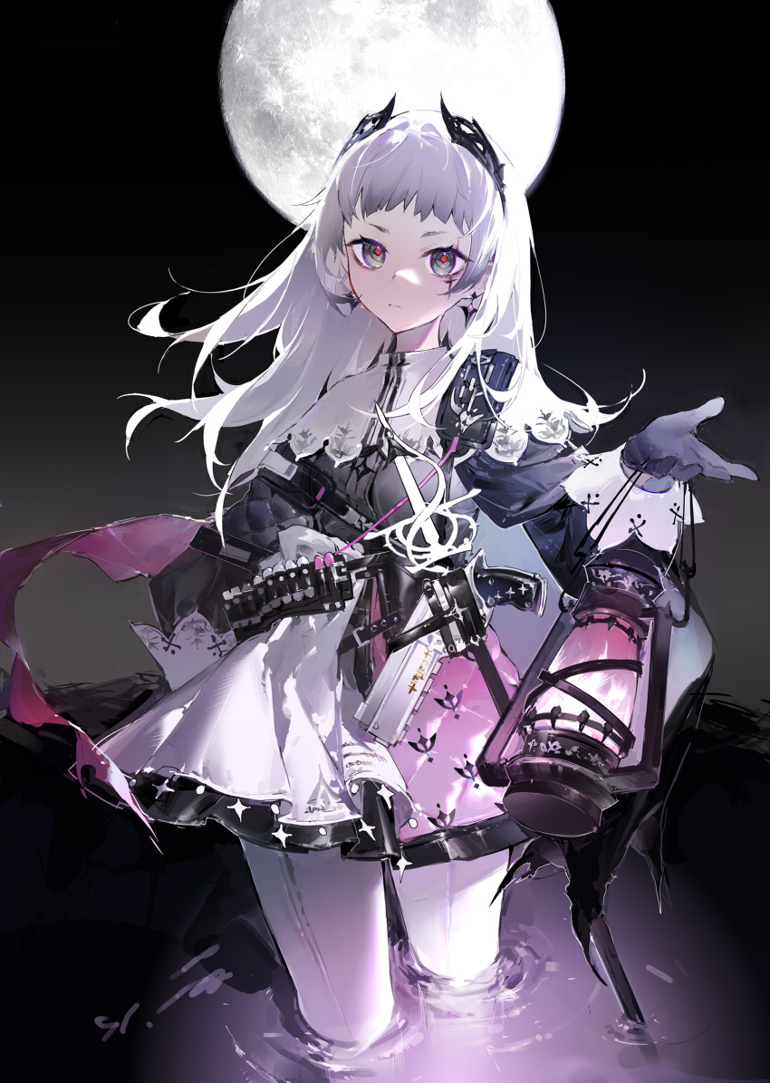 1girl arknights auuuie black_gloves black_jacket closed_mouth earrings full_moon gloves grey_background gun hair_ornament highres holding holding_lantern irene_(arknights) jacket jewelry lantern layered_skirt long_hair long_sleeves looking_at_viewer moon night night_sky outdoors pantyhose purple_skirt scar scar_across_eye scar_on_face sheath sheathed silver_hair skirt sky solo sword wading water weapon white_legwear white_skirt