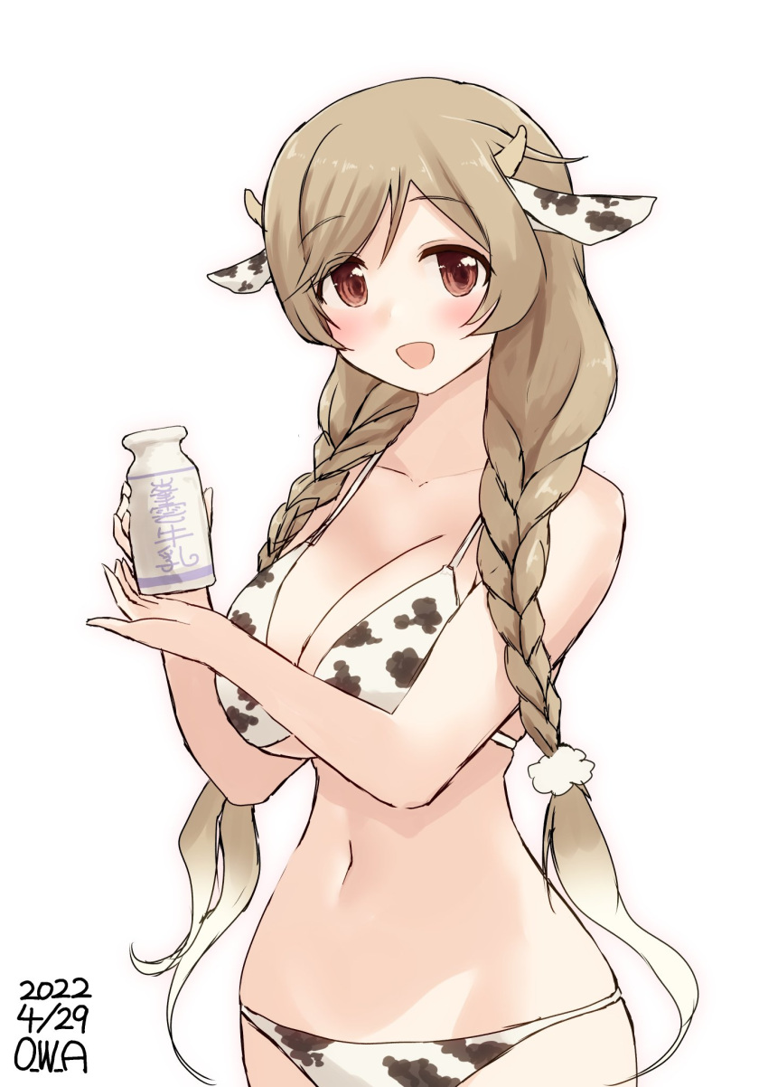 1girl animal_ears animal_print artist_name bikini bottle braid breasts cloud_hair_ornament commentary_request cow_ears cow_horns cow_print cowboy_shot dated fake_animal_ears fake_horns gradient_hair highres horns kantai_collection large_breasts light_brown_hair long_hair low_twin_braids milk_bottle minegumo_(kancolle) multicolored_hair one-hour_drawing_challenge owa_(ishtail) red_eyes solo swimsuit twin_braids white_bikini
