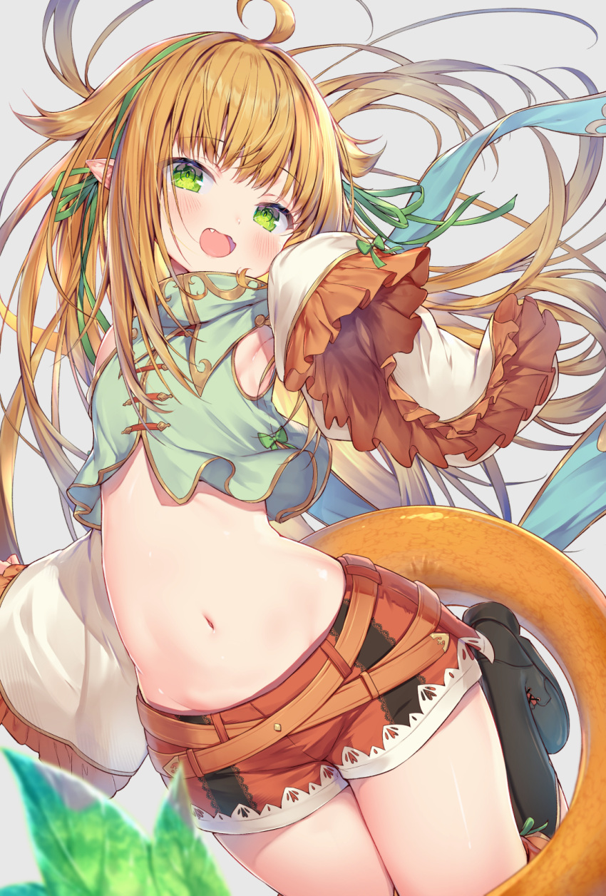 1girl :d ahoge armpits crop_top detached_sleeves dragon_tail fang flat_chest gold_trim green_eyes green_shirt highres long_hair long_sleeves looking_at_viewer midriff navel orange_hair original pointy_ears red_shorts shirt short_shorts shorts smile solo stomach tail thighs topia very_long_hair wide_sleeves