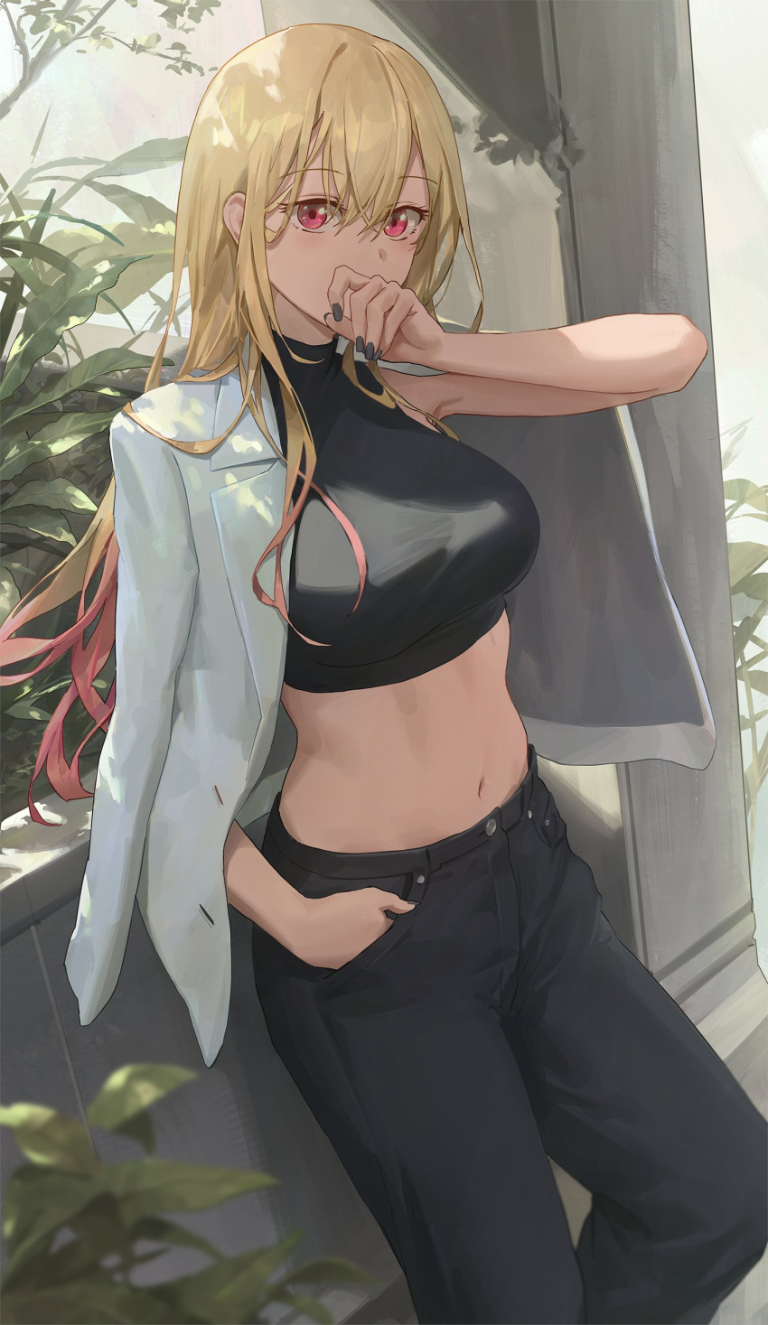 1girl absurdres bangs black_choker black_nails black_pants black_shirt blazer blonde_hair blurry breasts choker colored_tips cowboy_shot crop_top denim depth_of_field eyebrows_visible_through_hair free_style_(yohan1754) hair_between_eyes hand_in_pocket hand_to_own_mouth hand_up highres jacket jacket_on_shoulders jeans kitagawa_marin leaf leaning_back long_hair looking_at_viewer medium_breasts midriff multicolored_hair navel pants pink_hair red_eyes shirt solo sono_bisque_doll_wa_koi_wo_suru stomach two-tone_hair white_jacket