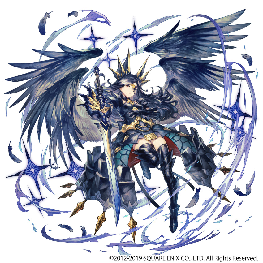 1girl 2012 2019 armor armored_boots armored_dress black_dress black_hair black_legwear black_wings boots bravely_default:_praying_brage bravely_default_(series) breasts character_request company_name copyright dress eyepatch feathered_wings feathers highres holding holding_sword holding_weapon long_hair looking_at_viewer multiple_wings official_art parted_lips red_eyes satou_kivi small_breasts solo sword thigh-highs thigh_boots weapon wings