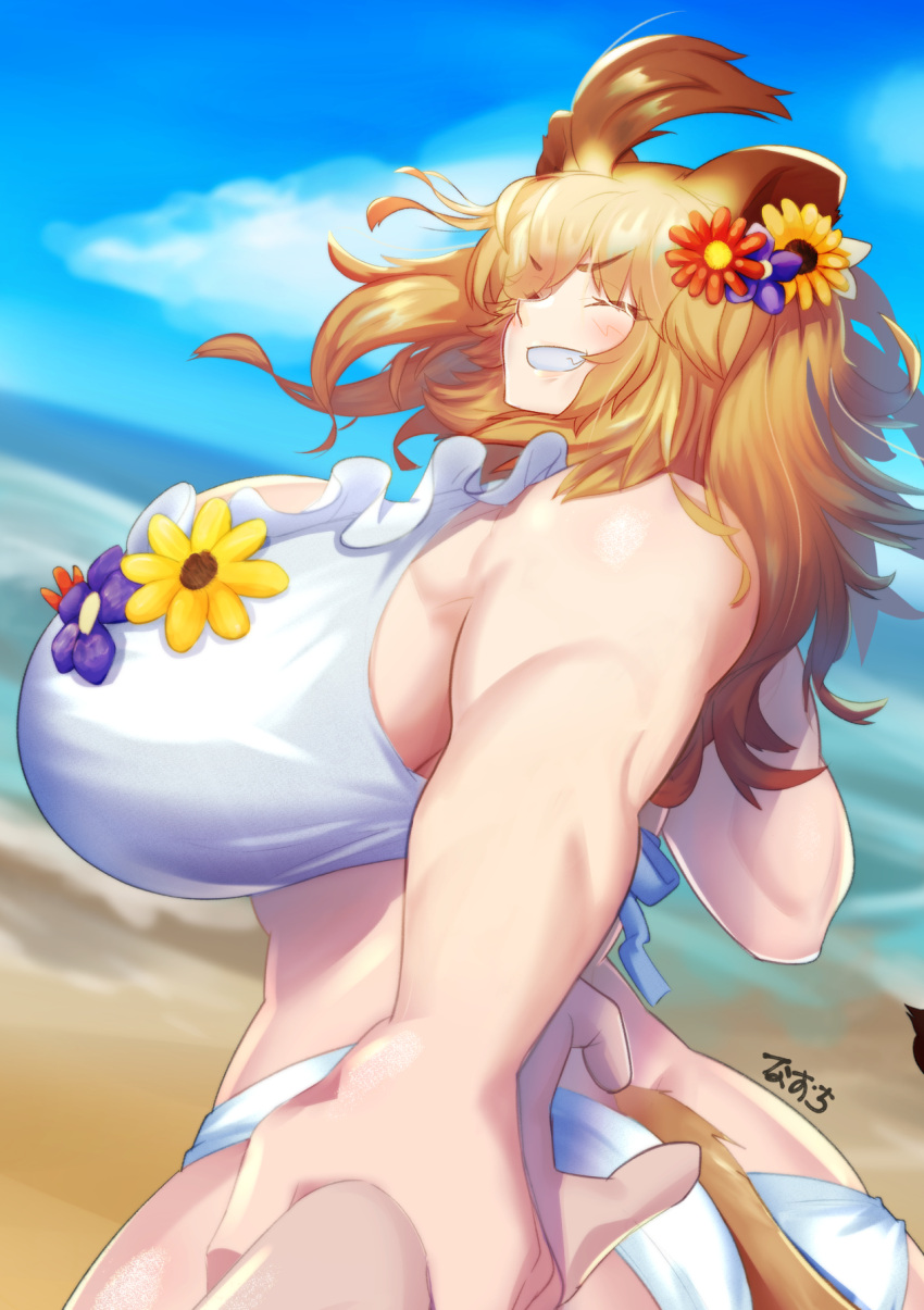 1girl alternate_breast_size animal_ears ass bangs beach bikini blonde_hair blurry blurry_background breasts brown_hair closed_eyes curvy day dutch_angle eyebrows_visible_through_hair eyes_visible_through_hair facing_viewer floating_hair flower flower_bikini foreshortening frilled_bikini frilled_swimsuit frills from_side gigantic_breasts grin hair_flower hair_ornament highres holding_another's_wrist impossible_clothes impossible_swimsuit kemono_friends lion_(kemono_friends) lion_ears lion_girl lion_tail long_hair multicolored_hair naochi_(bobi8081) ocean official_alternate_costume outdoors outstretched_arm parted_bangs pov pov_hands pulling sand smile solo_focus swimsuit tail twisted_torso two-tone_hair upper_body v-shaped_eyebrows water white_bikini white_swimsuit
