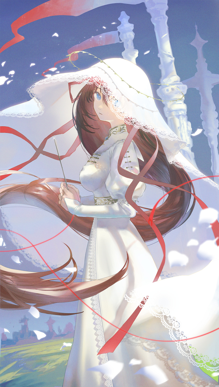 1girl absurdres blue_eyes breasts brown_hair dress floating_hair from_side fujie-yz highres holding holding_wand long_dress long_hair long_sleeves looking_at_viewer looking_to_the_side medium_breasts original own_hands_together parted_lips puffy_sleeves red_ribbon ribbon see-through solo veil very_long_hair wand white_dress wind