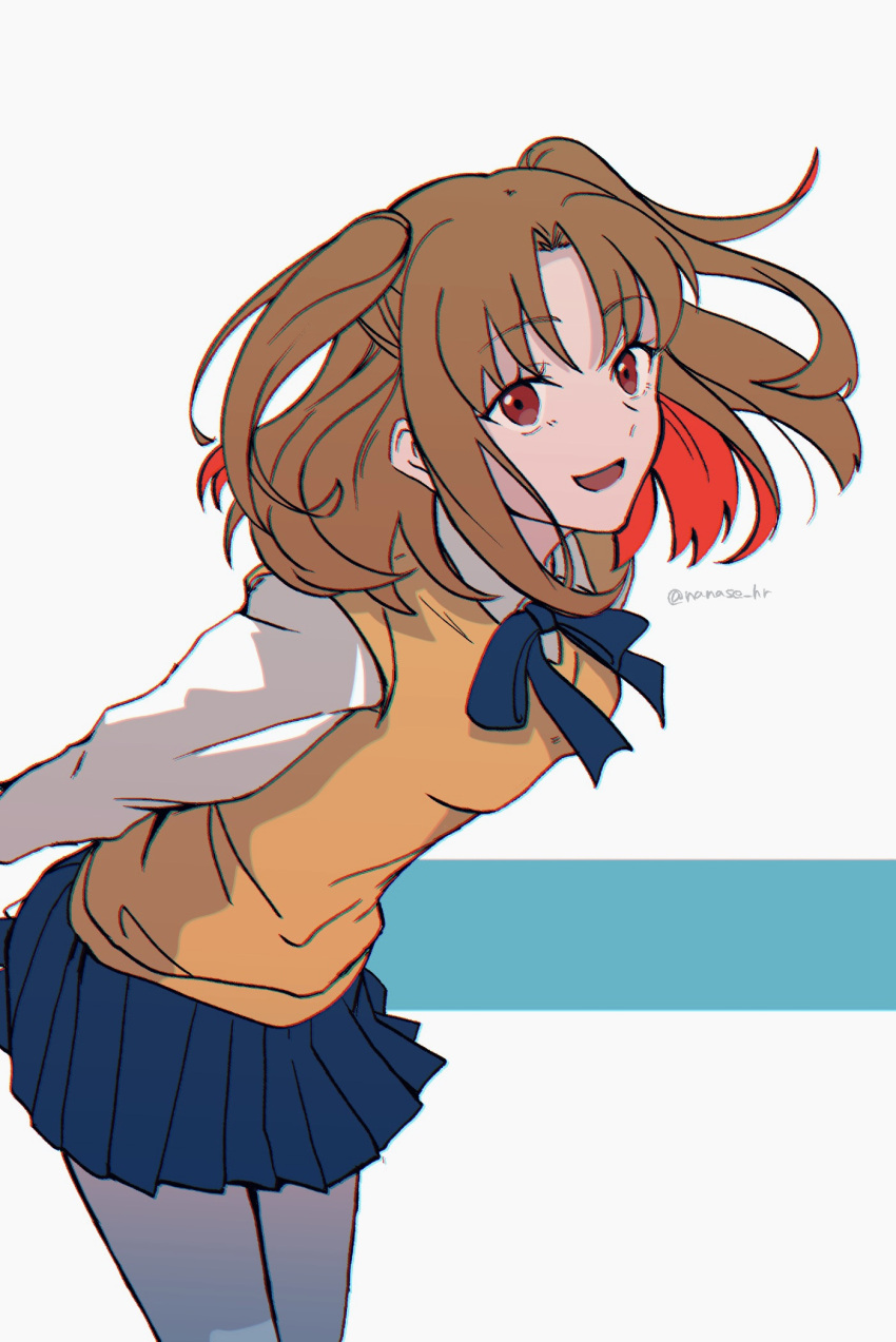 1girl :d bangs blue_bow blue_bowtie blue_skirt bow bowtie breasts brown_hair collared_shirt colored_inner_hair floating_hair hair_between_eyes hair_intakes highres leaning_forward long_hair miniskirt multicolored_hair nanase_hr open_mouth pantyhose pleated_skirt red_eyes redhead school_uniform shirt skirt small_breasts smile solo standing sweater sweater_vest tsukihime twintails twitter_username two-tone_hair white_background white_legwear white_shirt wing_collar yellow_sweater yumizuka_satsuki