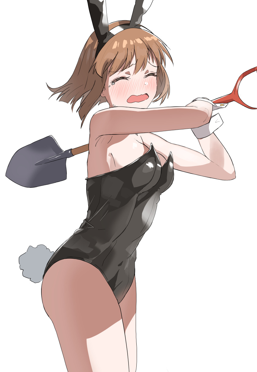 1girl :o absurdres animal_ears arms_up black_leotard blunt_ends blush breasts brown_hair closed_eyes embarrassed fake_animal_ears full-face_blush hagiwara_yukiho highres holding holding_shovel idolmaster idolmaster_(classic) idolmaster_million_live! leotard medium_breasts pdal_(pdalhhh) playboy_bunny rabbit_ears rabbit_tail short_hair shovel simple_background solo tail tears wavy_mouth white_background wrist_cuffs