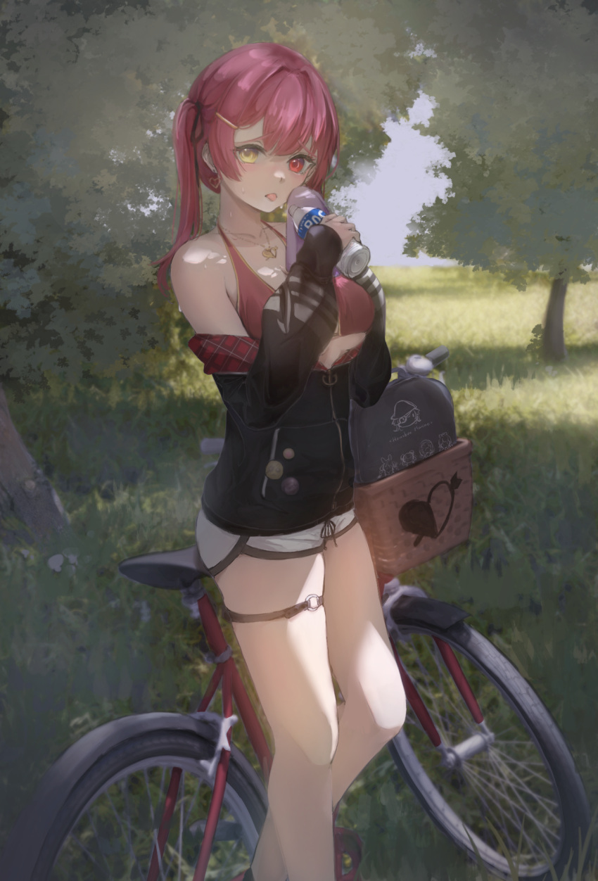 1girl 54niconiconi bare_legs bicycle bottle collarbone dolphin_shorts grass ground_vehicle hair_intakes hair_ornament hairclip heterochromia highres holding holding_bottle hololive houshou_marine jewelry long_hair long_sleeves necklace outdoors red_eyes red_shirt redhead shirt short_shorts shorts sleeveless sleeveless_shirt sleeves_past_wrists solo standing tongue tongue_out tree twintails virtual_youtuber water_bottle white_shorts yellow_eyes