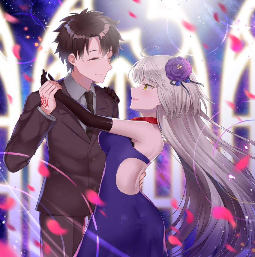 1boy 1girl ahoge alternate_costume ass back bangs bare_shoulders black_gloves black_hair black_necktie black_pants black_suit blush breasts buttons closed_eyes closed_mouth clothing_cutout command_spell commentary_request dancing dress elbow_gloves fate/grand_order fate_(series) floating_hair flower formal from_side fujimaru_ritsuka_(male) fujimaru_ritsuka_(male)_(royal_brand) gloves grey_hair grey_shirt hair_flower hair_ornament hand_on_another's_hip hand_on_another's_shoulder holding_hands jeanne_d'arc_alter_(avenger)_(fate) jeanne_d'arc_alter_(fate) long_hair long_sleeves looking_at_another medium_breasts naomi_(fantasia) necktie official_alternate_costume pants petals profile purple_dress purple_flower shirt short_hair smile strapless strapless_dress suit very_long_hair waltz_(dance) yellow_eyes