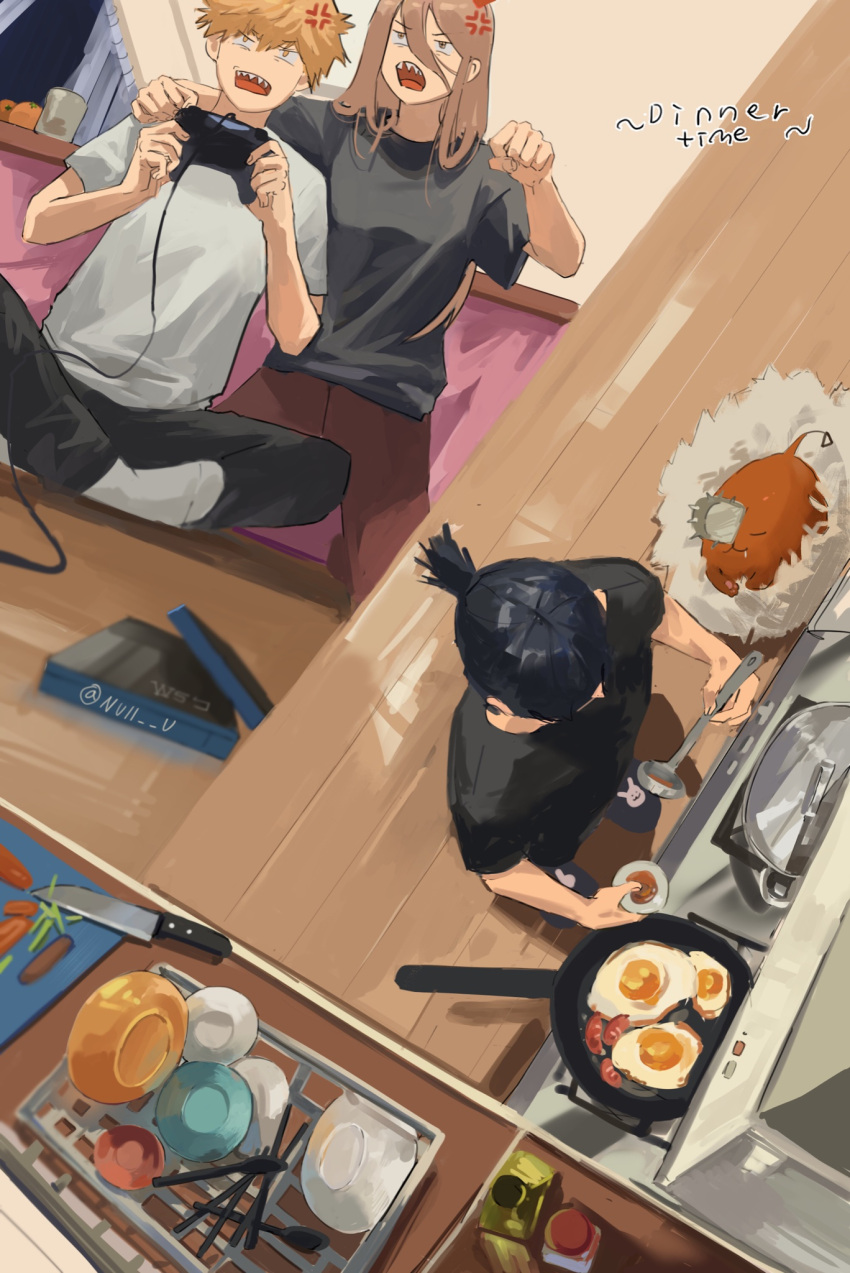 1girl 2boys anger_vein angry animal_slippers bangs black_hair black_shirt border bowl bunny_slippers carrot chainsaw chainsaw_man clenched_hand cooking cup curtains cutting_board denji_(chainsaw_man) dishes egg food fork fried_egg fruit frustrated frying_pan hair_between_eyes hayakawa_aki highres kneeling knife ladle long_bangs long_hair multiple_boys null_(skev7724) open_mouth orange_(fruit) pet_bed plate playing playing_games pochita_(chainsaw_man) power_(chainsaw_man) sauce sausage sharp_teeth shirt short_hair short_sleeves sitting sleeping slippers spoon standing table teeth topknot white_shirt