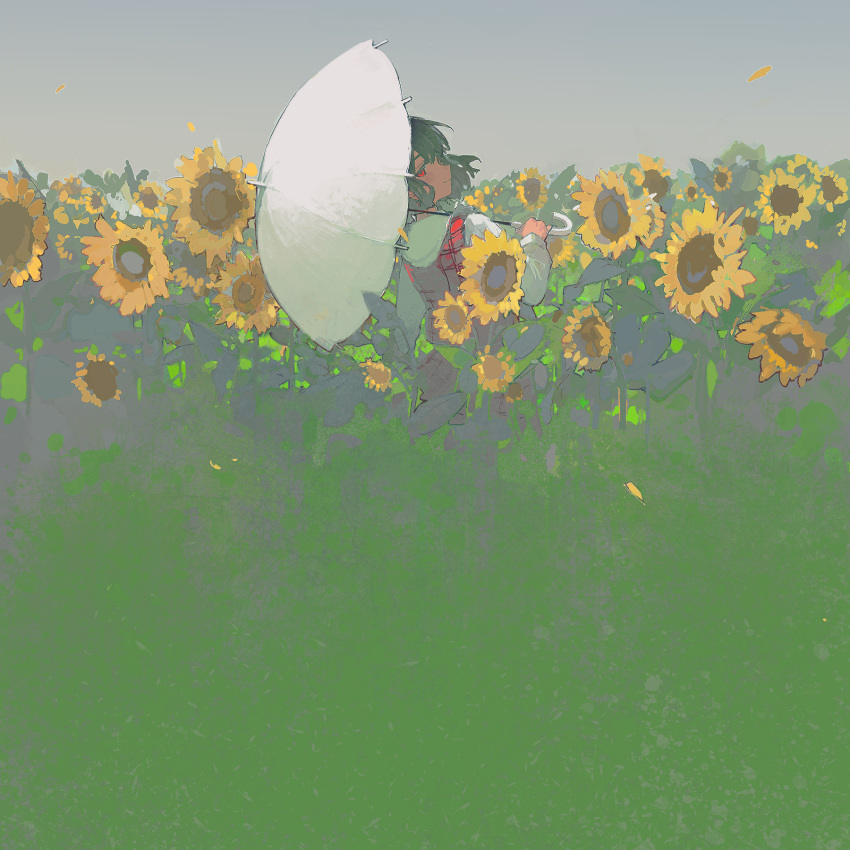 1girl ciloranko commentary_request field flower flower_field from_behind green_hair highres holding holding_umbrella kazami_yuuka long_sleeves looking_at_viewer looking_back parasol petals plaid plaid_vest red_eyes shirt short_hair solo sunflower touhou umbrella vest white_shirt white_umbrella wide_shot