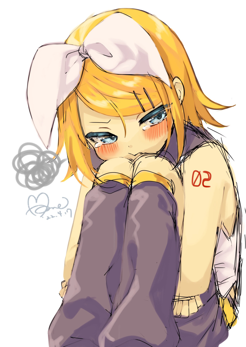 1girl absurdres amane_(amnk1213) angry annoyed bare_shoulders blonde_hair blue_eyes blush bow cheek_rest crying crying_with_eyes_open hair_bow hair_ornament hairclip half-closed_eyes highres hugging_own_legs kagamine_rin knees_to_chest leg_warmers legs_folded number_tattoo pout pouty_lips puffy_cheeks sad sailor_collar shirt short_hair shoulder_tattoo sitting sketch sleeveless sleeveless_shirt solo squiggle tattoo tearing_up tears tsurime vocaloid