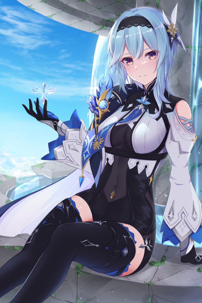 1girl absurdres black_gloves black_hairband black_jumpsuit black_legwear blue_gloves blue_hair blue_sky breasts brown_eyes closed_mouth covered_navel eula_(genshin_impact) genshin_impact gloves hair_between_eyes hair_intakes hair_ornament hairband highres jumpsuit long_hair long_sleeves looking_at_viewer masamune_tokunaga medium_breasts outdoors shiny shiny_hair short_jumpsuit sitting sky smile solo thigh-highs two-tone_gloves zettai_ryouiki