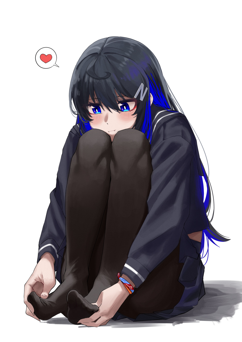 1girl absurdres ahoge bangs black_hair black_legwear black_sailor_collar black_shirt black_skirt blue_eyes blue_hair bracelet collared_shirt dierbeibanjia full_body hair_between_eyes heart highres jewelry long_hair long_sleeves looking_down miniskirt multicolored_hair original pantyhose pleated_skirt sailor_collar sailor_shirt shirt simple_background sitting skirt solo speech_bubble spoken_heart two-tone_hair very_long_hair white_background