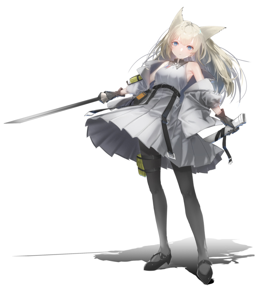 1girl animal_ears arknights arknights:_endfield bare_shoulders black_footwear black_gloves black_legwear blonde_hair blue_eyes breasts dress full_body gloves grey_dress grey_jacket highres holding holding_sword holding_weapon hoshi_umi jacket long_hair long_sleeves medium_breasts open_clothes open_jacket pantyhose parted_lips perlica_(arknights) pleated_dress sheath simple_background solo standing sword thigh_pouch thigh_strap unsheathed weapon white_background