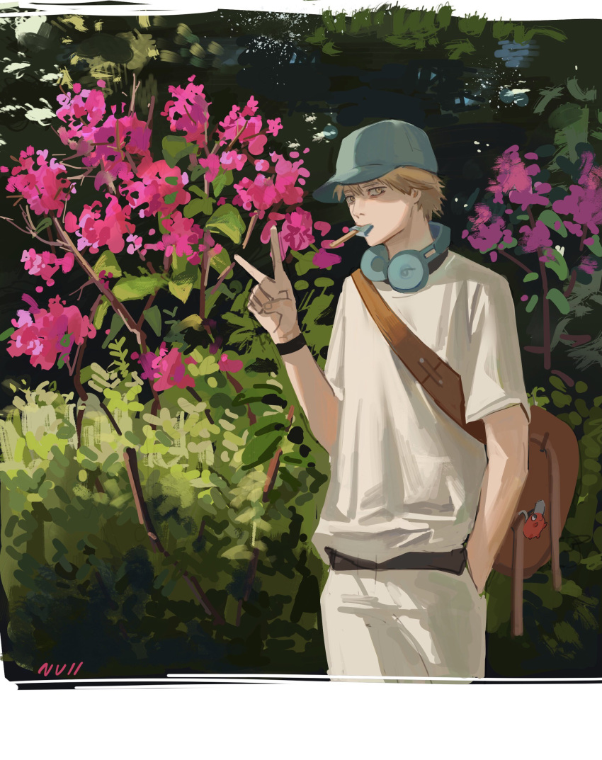 1boy absurdres alternate_costume bag blonde_hair bush casual chainsaw_man flower food hand_in_pocket hat headphones headphones_around_neck highres keychain leaf looking_back null_(skev7724) pants pink_flower pochita_(chainsaw_man) popsicle shirt shirt_tucked_in short_hair solo standing tree v white_pants white_shirt