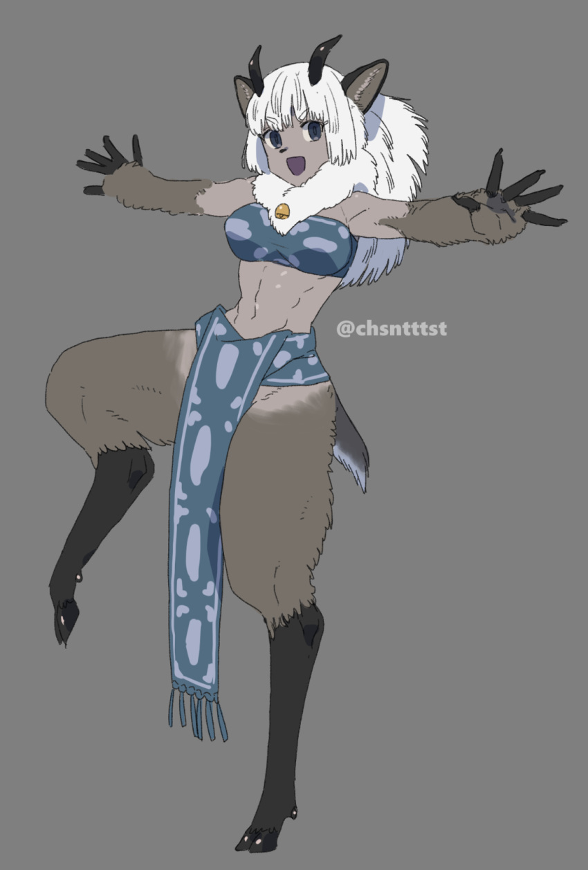 1girl abs animal_ears animal_feet animal_nose arms_up artist_name bandeau bangs bell black_horns blue_bandeau blue_eyes body_fur breasts brown_fur colored_skin commentary_request deer_ears deer_girl deer_tail eyebrows_visible_through_hair flat_color full_body fur_collar furry furry_female grey_background grey_skin happy highres hooves horns kizuta_(barometz) leg_up long_hair looking_at_viewer medium_breasts navel neck_bell open_mouth original outstretched_arms pelvic_curtain sidelocks simple_background sketch smile solo spread_arms spread_fingers standing standing_on_one_leg stomach tail toned twitter_username v-shaped_eyebrows watermark white_fur white_hair