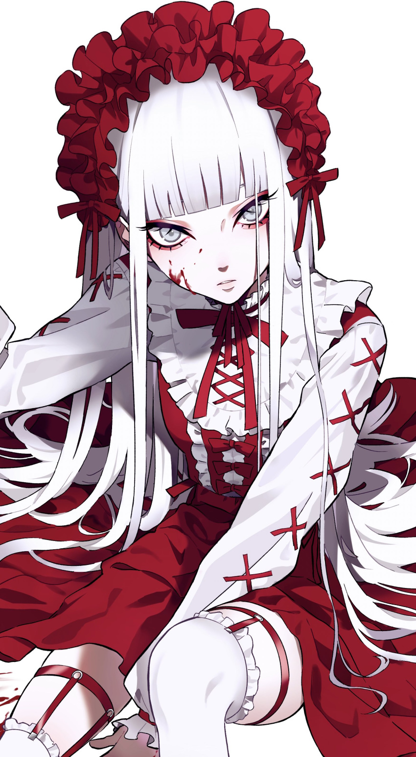 1girl absurdres bangs blood blood_on_face blunt_bangs commentary_request dress eyeliner frilled_dress frilled_hairband frills grey_eyes grey_pupils hairband highres hime_cut long_hair long_sleeves looking_at_viewer makeup neck_ribbon parted_lips red_dress red_ribbon ribbon sidelocks simple_background sitting solo straight_hair thigh-highs thigh_strap thighs urkt_10 very_long_hair white_background white_hair white_legwear