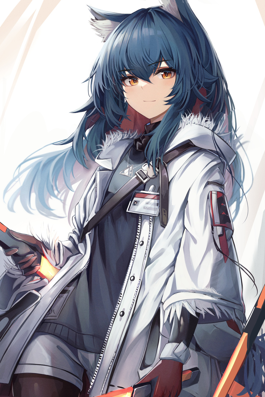 1girl absurdres animal_ear_fluff animal_ears arknights bangs black_legwear black_sweater blue_hair closed_mouth cowboy_shot dual_wielding eyebrows_visible_through_hair fur-trimmed_jacket fur_trim gloves highres holding holding_sword holding_weapon id_card jacket jewelry legwear_under_shorts long_hair long_sleeves looking_at_viewer necklace official_alternate_costume open_clothes open_jacket orange_eyes red_gloves redhead shiki44boku short_shorts shorts simple_background smile solo sweater sword texas_(arknights) texas_(winter_messenger)_(arknights) unzipped weapon white_background white_jacket white_shorts wolf_ears