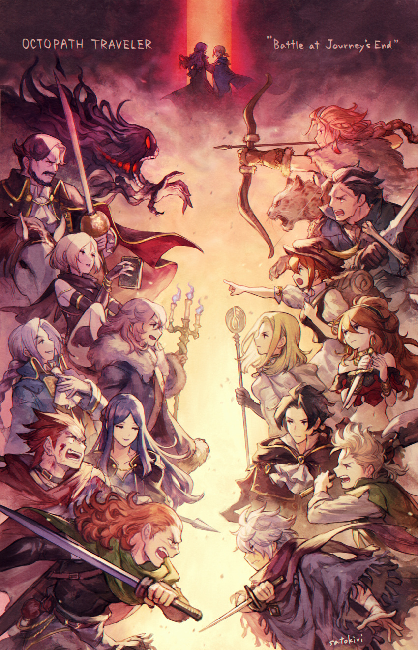 6+boys 6+girls alfyn_(octopath_traveler) ascot axe backpack bag beard blonde_hair blue_coat book bow_(weapon) braid brooch candle candlestand cape character_request cheetah choker coat cyrus_(octopath_traveler) dagger drawing_bow english_text facial_hair fur-trimmed_coat fur_trim green_cape h'aanit_(octopath_traveler) hat highres holding holding_axe holding_book holding_bow_(weapon) holding_dagger holding_staff holding_sword holding_weapon jewelry knife linde_(octopath_traveler) long_hair looking_at_another looking_back monster multiple_boys multiple_girls octopath_traveler olberic_eisenberg open_mouth ophilia_(octopath_traveler) parted_lips ponytail primrose_azelhart purple_hair purple_scarf red_eyes satou_kivi scarf short_hair smile staff sword therion_(octopath_traveler) tressa_(octopath_traveler) weapon white_ascot white_hair