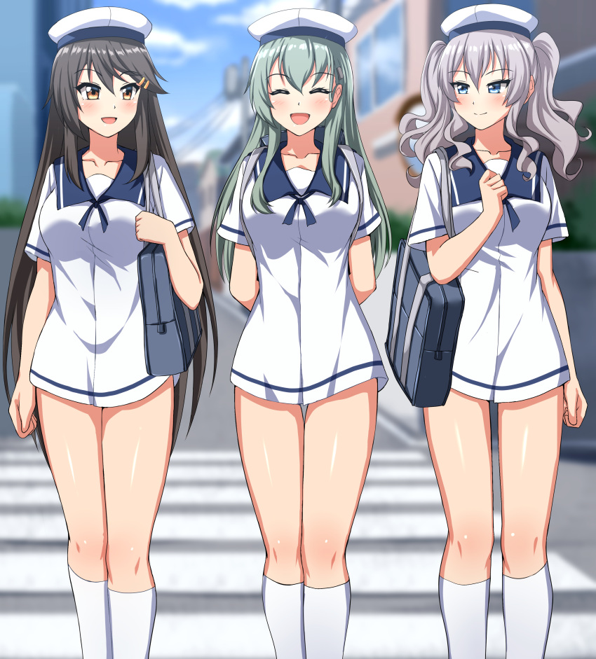 3girls :d absurdres aqua_hair bag black_hair blue_sailor_collar breasts closed_eyes collarbone crosswalk dress eyebrows_visible_through_hair hair_ornament hairclip haruna_(kancolle) hat highres kantai_collection kashima_(kancolle) kneehighs large_breasts long_hair looking_at_another multiple_girls outdoors road sailor_collar sailor_dress sailor_hat school_bag school_uniform shiny shiny_skin silver_hair smile street suzuya_(kancolle) twintails white_headwear white_legwear zanntetu